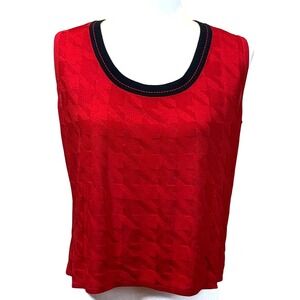 Ming Wang Red Jacquard Knit Tank Top Black Trim Scoop Neck Travel Short Length L